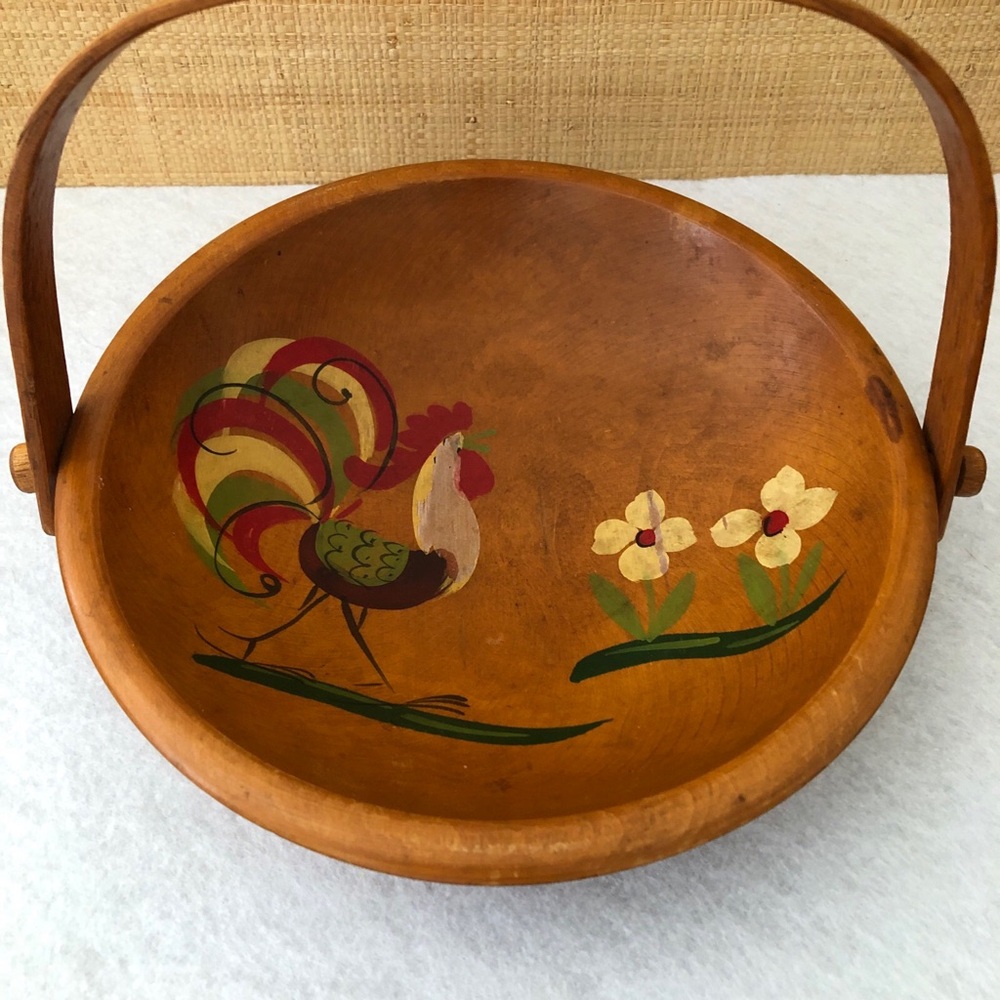 Vintage Woodcroftery Hand Painted Rooster Theme Wooden Bowl With Handle